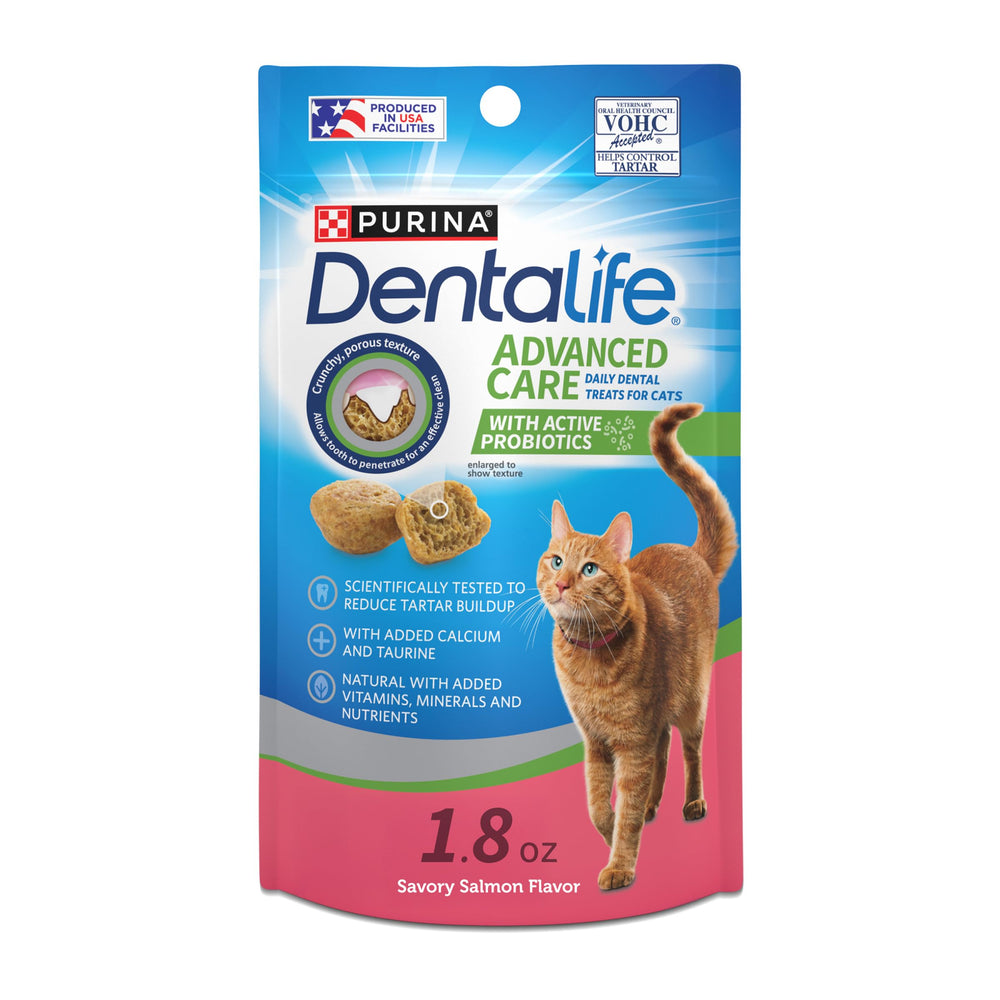 Purina Dentalife: golosinas dentales sabor salmón para gatos en empaque diez bollsas, apoyo a la higiene dental.