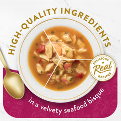 Purina Fancy Feast: textura cremosa del caldo bisque para realzar el sabor