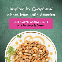 Fancy Feast Medleys Carne Asada con ingredientes visibles, detalle de carne y vegetales