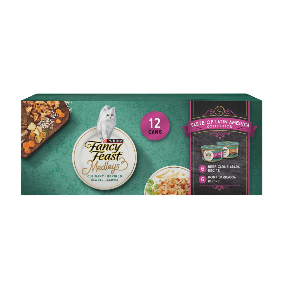 Purina Fancy Feast Medleys LatAm lata puerco: sabor gourmet para gatos adultos, nutrición completa.