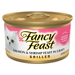 Purina Fancy Feast salmón y camarón en lata de 3 onzas, porciones gourmet para la cena.
