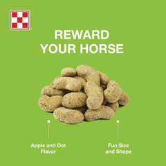 Bolsa Purina de golosinas manzana y avena para caballos, ideal como premio diario.