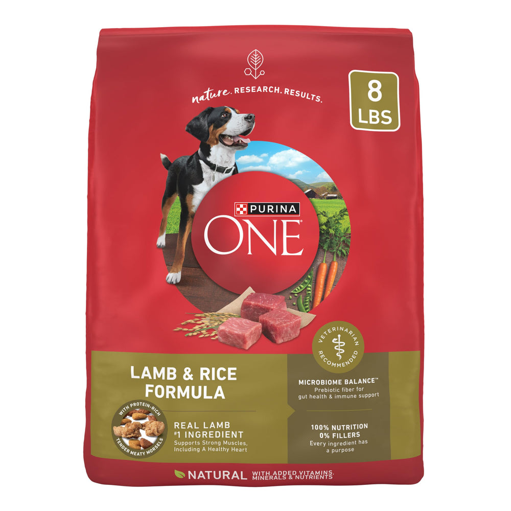 Purina ONE aliento seco cordero-arroz, bolsa de 8 libras, frente visible para perros.