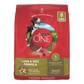 Purina ONE aliento seco cordero-arroz, bolsa de 8 libras, frente visible para perros.