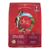Purina ONE Bocados Pequeños de Carne y Arroz; primer ingrediente real para músculos fuertes.