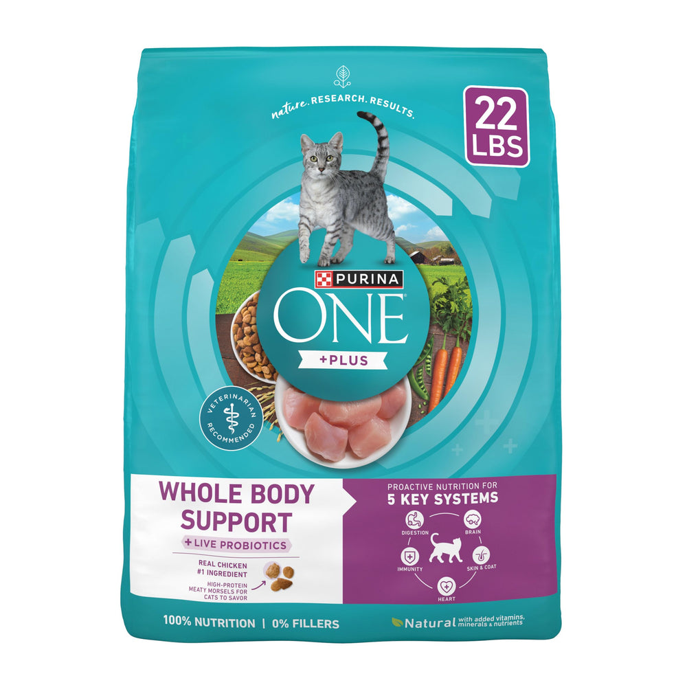 Purina ONE Plus bolsa de 22 lb para gatos, facilita el servicio diario y la frescura.