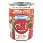Purina ONE Plus trozos tiernos en salsa con cordero y arroz para sabor y humedad.