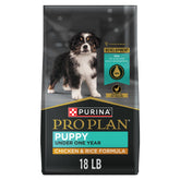 Purina Pro Plan Cachorro: bolsa frontal del alimento seco con pollo y arroz, ideal para crecimiento.
