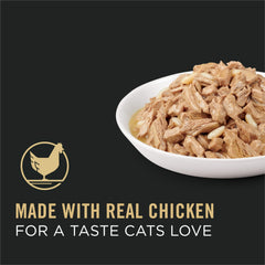 Purina Pro Plan: lata pollo-arroz con salsa, proteína alta para gatos adultos.