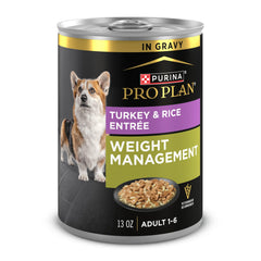 Purina Pro Plan controla el peso con una lata de pavo y arroz en salsa para perros.