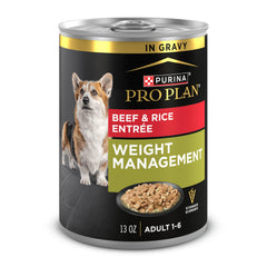 Purina Pro Plan para control de peso, lata de ternera con arroz, ayuda a mantener masa muscular.