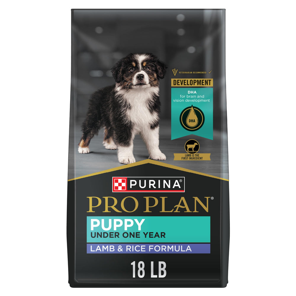 Purina Pro Plan: cordero y arroz, primer ingrediente, soporte nutricional para cachorros.
