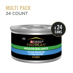 Purina Pro Plan Indoor Balance lata 3oz etiqueta, ingredientes de calidad para pelaje saludable.
