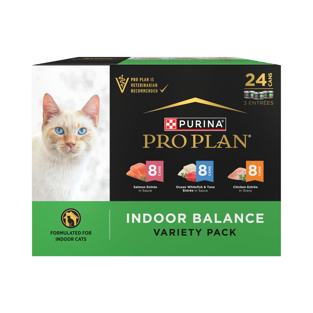 Purina Pro Plan Indoor Balance con pollo en lata: apoyo a peso saludable en gatos adultos.