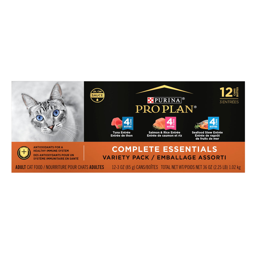 Purina Pro Plan latas mariscos 3oz variada, sabor real para mayor interés en la comida.