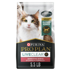 Purina Pro Plan LIVECLEAR, bolsa de 5,5 libras enfocando alérgenos y piel sensible.