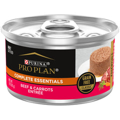 Purina Pro Plan pate sin granos de res con zanahorias, lata de 3 oz, ideal para gatos adultos.