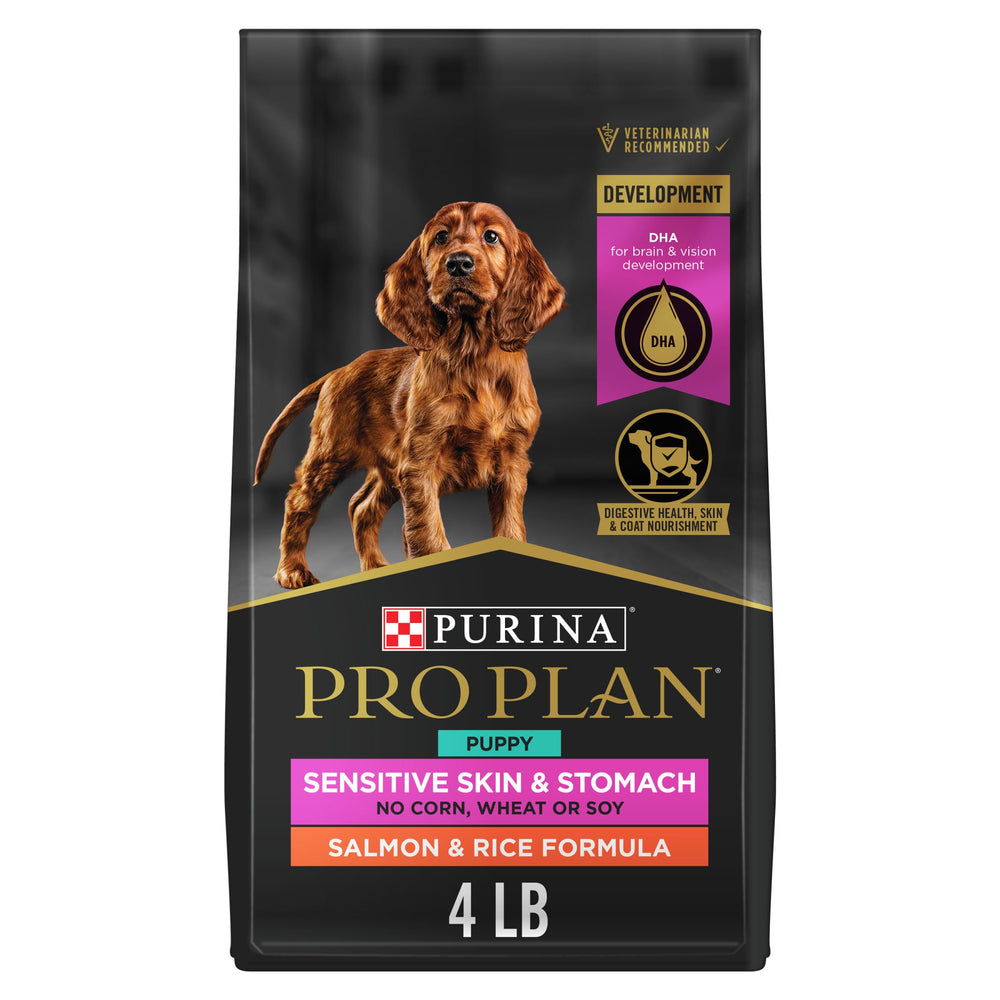 Purina Pro Plan Puppy salmón-arroz bolsa-4lb: croquetas para cachorros con salmón principal.