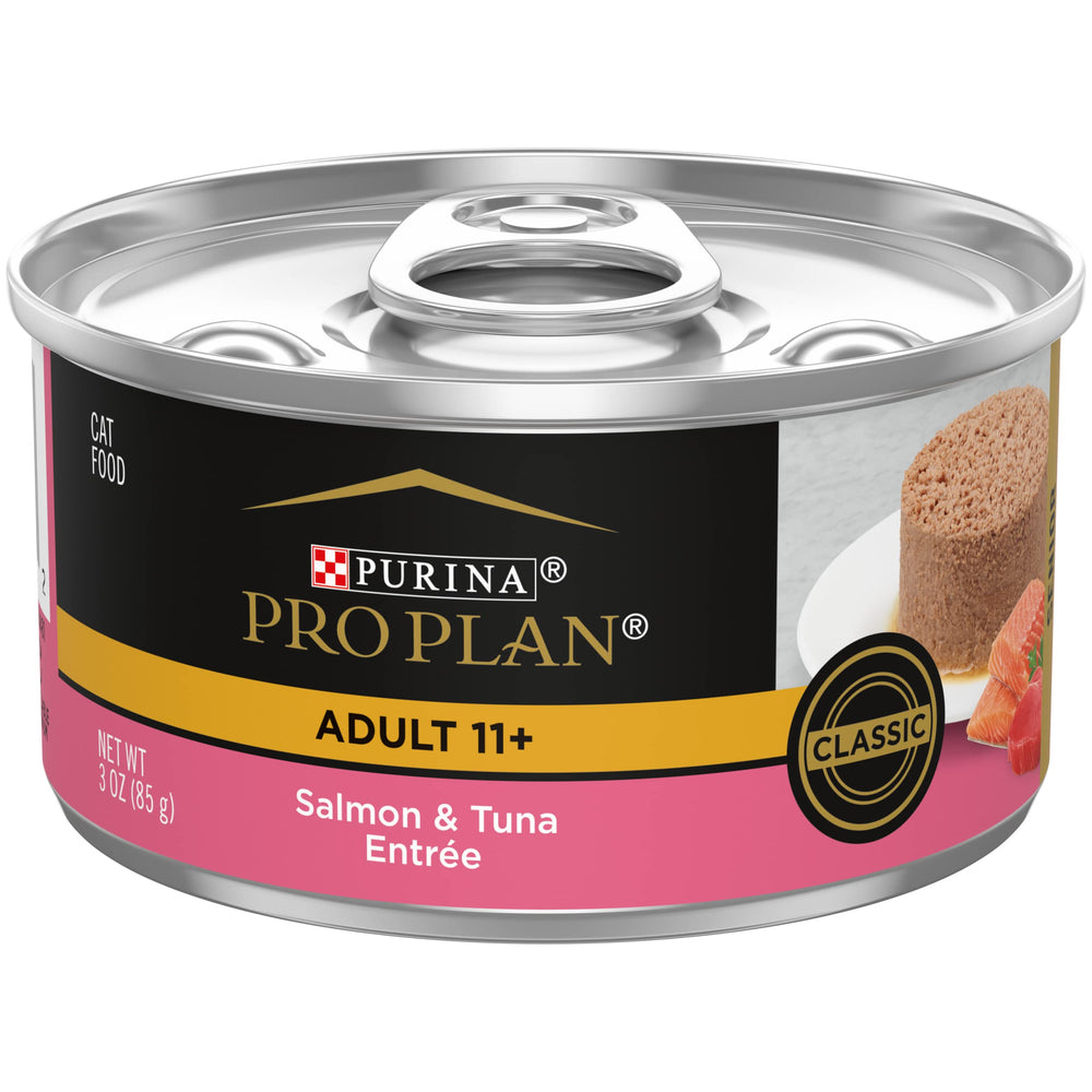 Purina Pro Plan Senior 11+ salmón y atún, lata paté, apoyo nutricional para felinos mayores.