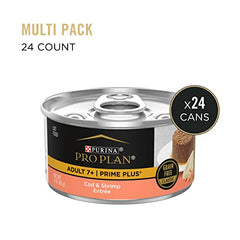 Purina Pro Plan Senior Paté bacalao-camarones con textura cremosa para comer fácilmente.