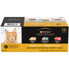Purina Pro Plan Senior pate mariscos frente de lata, aroma atractivo para gatos mayores.