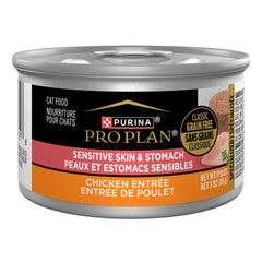 Purina Pro Plan Sensitive Skin Stomach: lata de paté con pollo real, ideal para gatos sensibles.