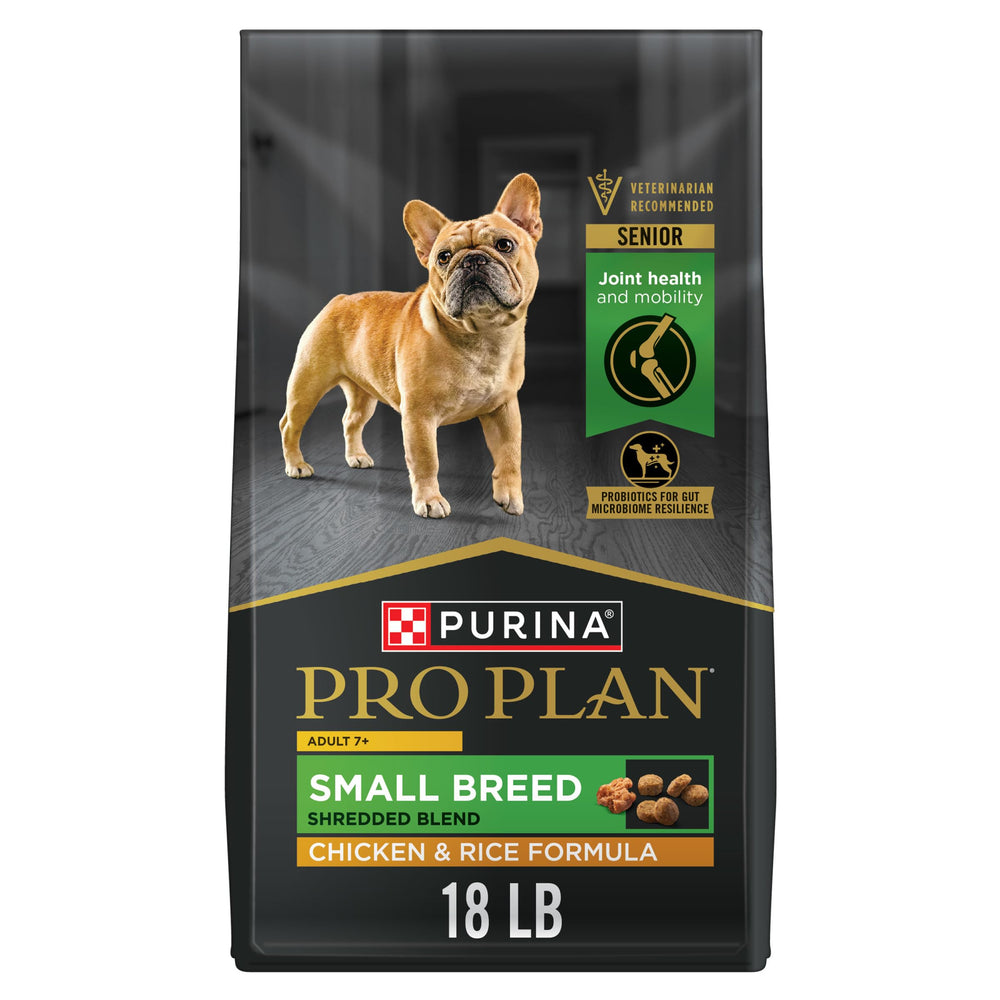 Purina Pro Plan Small Breed 7 Plus empaque con comida para perros mayores