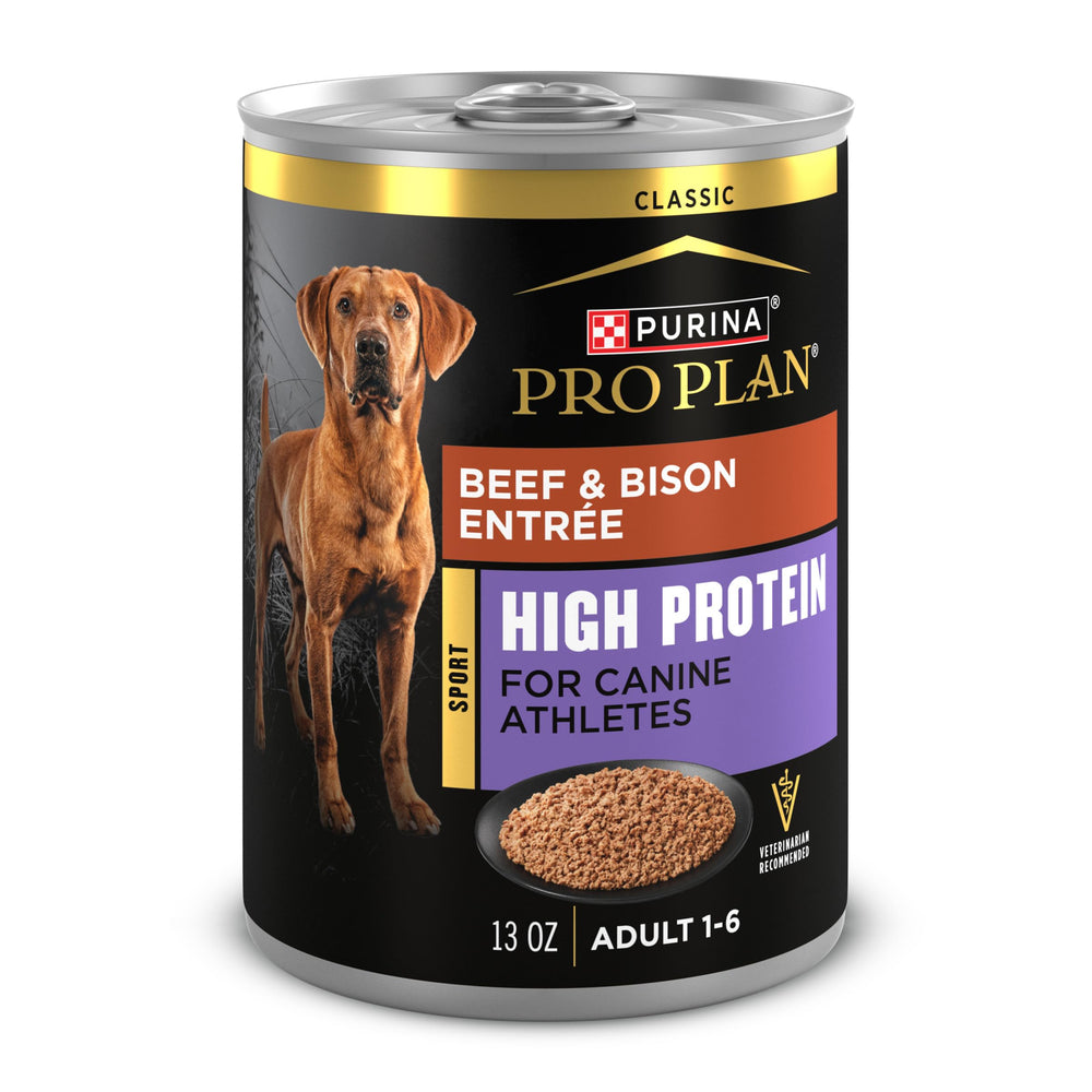 Purina Pro Plan Sport, lata de res y bison, ideal como comida principal para perros activos.