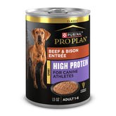Purina Pro Plan Sport, lata de res y bison, ideal como comida principal para perros activos.