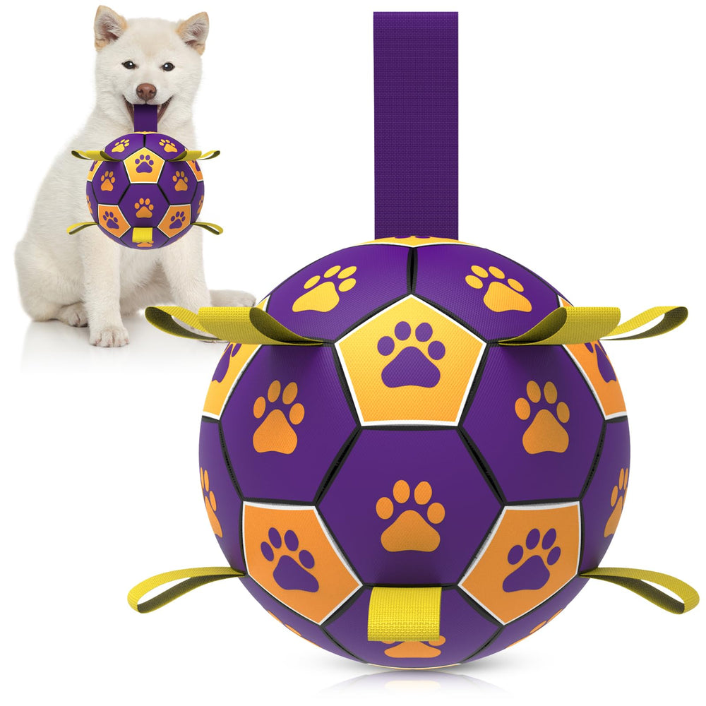 QDAN balón de fútbol para perros con correas, ideal para juegos activos al aire libre.