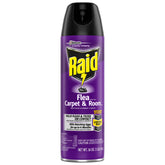 Raid Flea Killer, botella vertiendo, uso en interiores para eliminar pulgas y garrapatas.