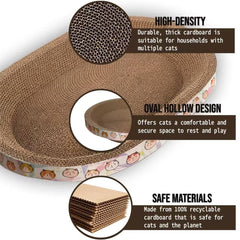 Rascador-gatos-carton-oval con textura de borde, araña suavemente y cuida las uñas.