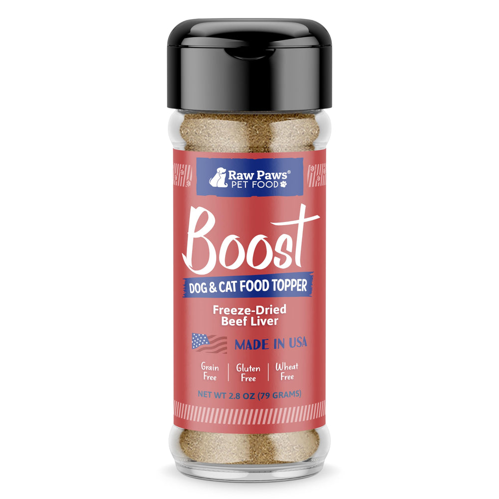 Raw Paws Boost frasco de hígado de res liofilizado para perros y gatos.