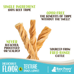 Raw Paws tripas verdes crujientes para perros, sabor natural.