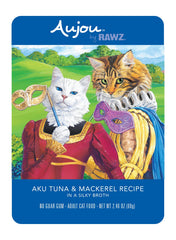 Rawz Aujou bolsitas de atún y caballa frente al envase, proteína sabrosa para gatos
