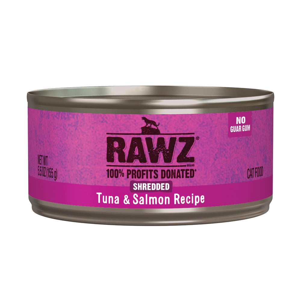 Rawz alimento húmedo para gato, lata desmenuzada de atún y salmón, ayuda a la hidratación.