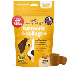 Ready Pet Go, cúrcuma para perros, masticables suaves para apoyo articular.