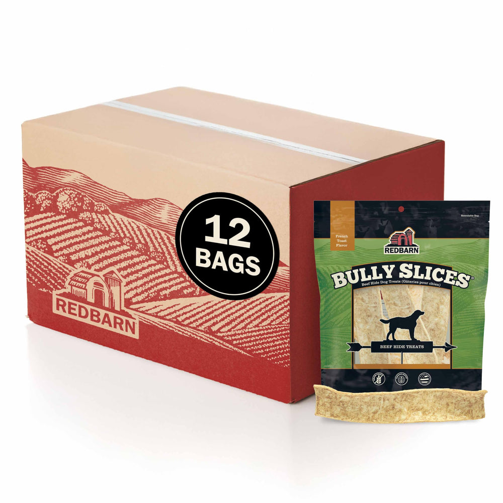 Redbarn Bully Slices: empaque tostada francesa, snack sabroso para perros activos.