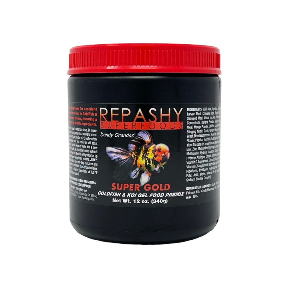 Repashy Super Gold, bote de 12 oz para pez dorado y koi, promueve digestión suave.
