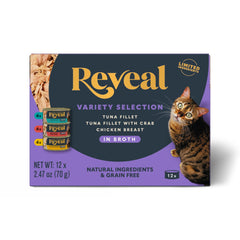 Reveal comida húmeda para gatos en lata, variedad de 3 sabores para gusto exigente.