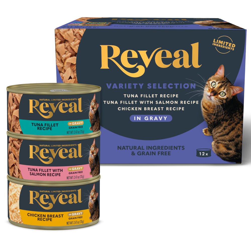 Reveal: lata de comida húmeda para gatos con ingredientes limitados, sabor natural.