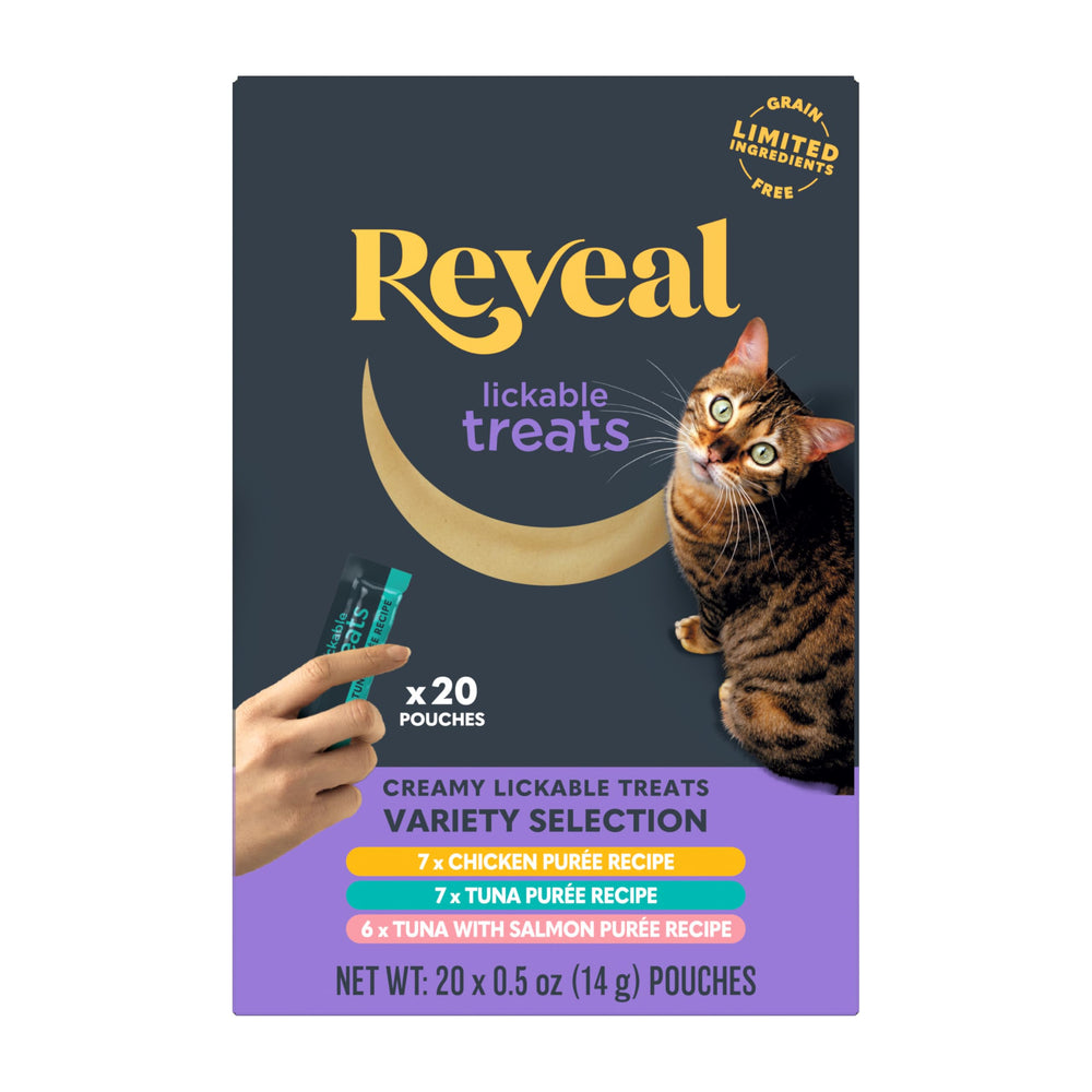 Premios Reveal para gatos en bolsa, purree cremosa para premiar fácilmente.