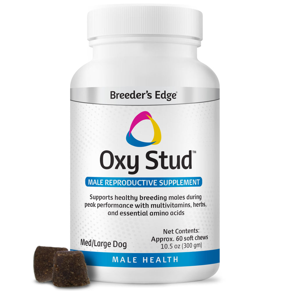 Revival Breeder’s Edge Oxy Stud, bote de gomitas para perros y gatos que apoya salud reproductiva.