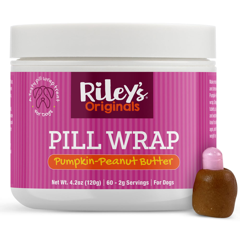 Riley's Pill Wrap tub with pumpkin-peanut-butter paste masks pills for dogs.