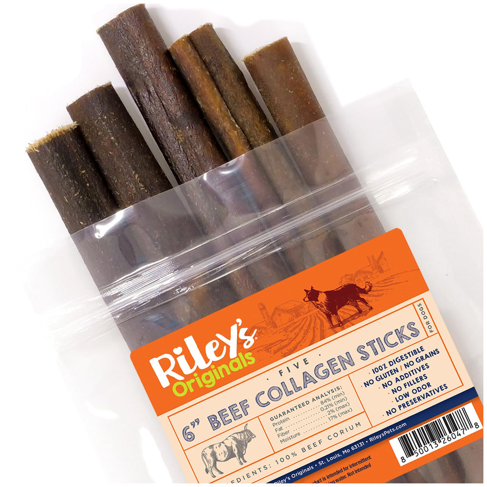 Riley's stick de colágeno para perros, enfoque en masticación de larga duración.