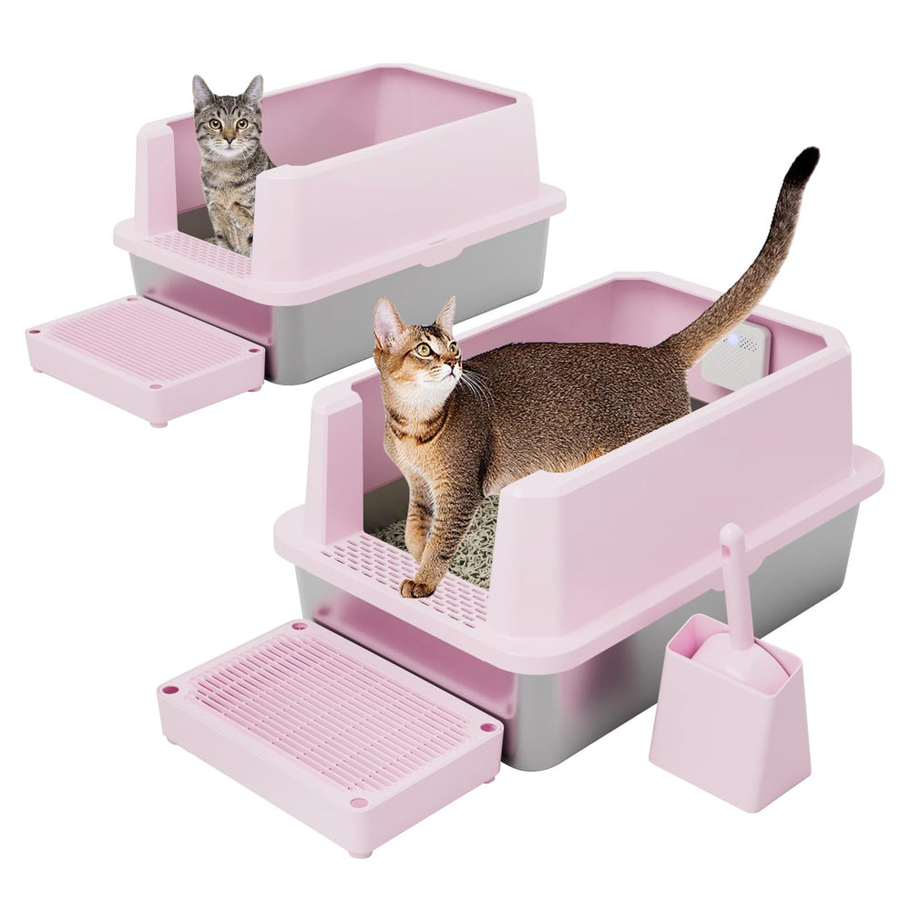 Caja de arena RIZZARI rosa, espaciosa para gatos de cualquier tamaño.