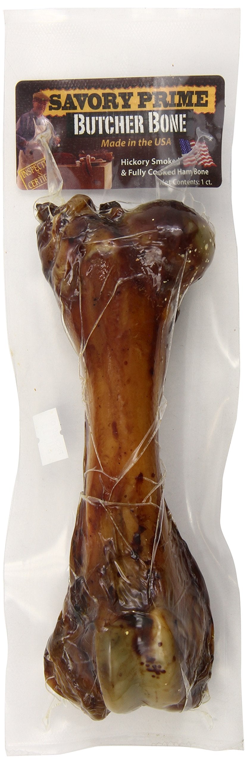 Savory Prime hueso de jamón carnicería, vista frontal para estimar tamaño y presencia natural.