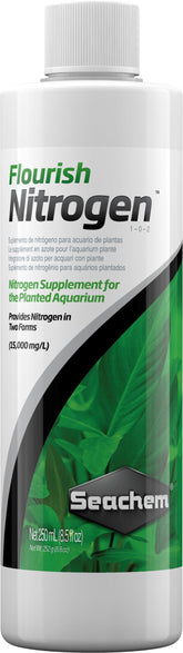 Seachem Flourish Nitrogen, botella-vertido, favorece crecimiento de plantas acuáticas.