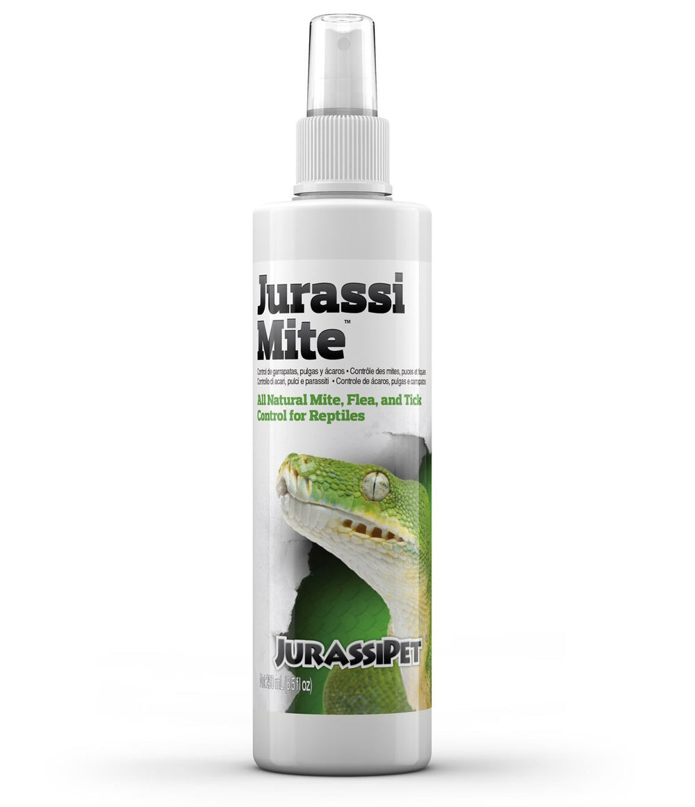 Seachem JurassiMite bottle on shelf, all-natural parasite control for reptiles