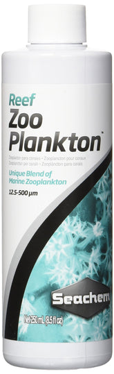 Seachem Reef Zooplankton 250 ml, etiqueta clara para identificar fácilmente el producto.